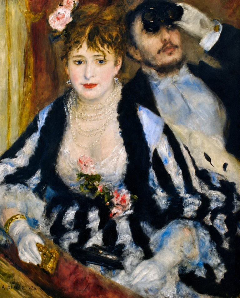 Vibrant color edit of “Theatre Box (La Loge)” by Pierre-Auguste Renoir, showing an elegantly dressed woman seated in a theater box with a man behind her looking through opera glasses.