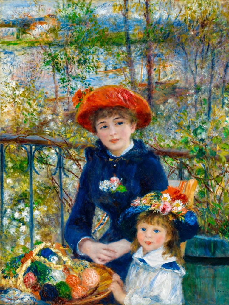 Vibrant color edit of “Two Sisters On the Terrace” by Pierre-Auguste Renoir, showing two young girls seated on a lush outdoor terrace with flowered hats, a basket of colorful yarn, and a soft riverside garden background.