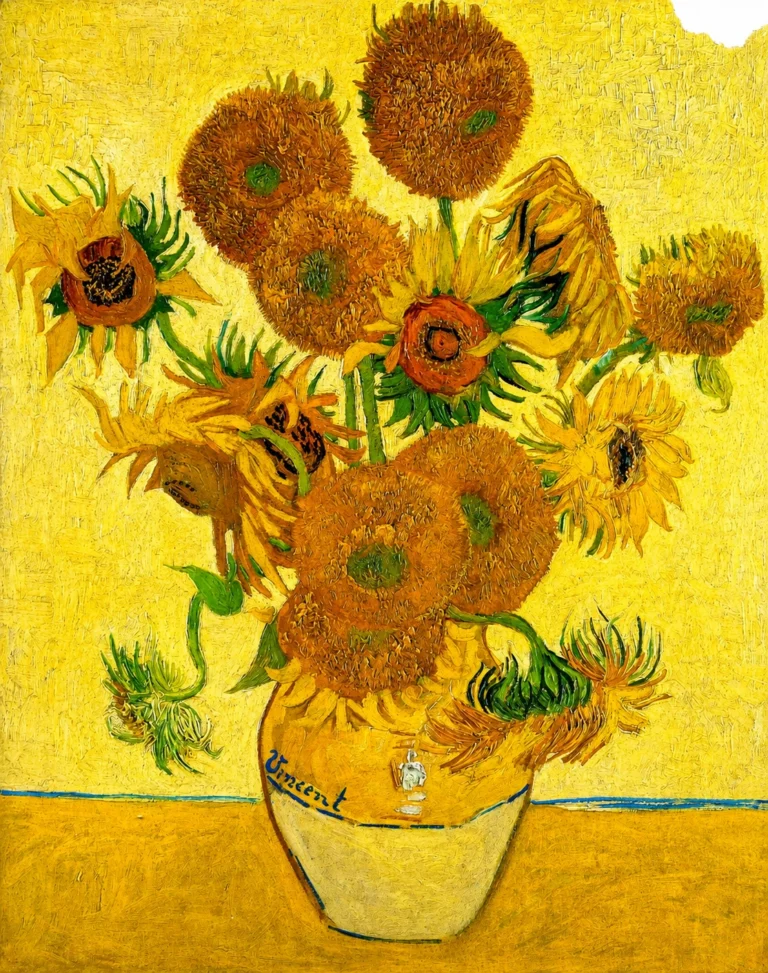Vibrant color edit of *Vase with Fifteen Sunflowers* by Vincent van Gogh, showing a yellow vase filled with sunflowers against a warm golden background, with richer yellows, oranges, and greens while preserving the original composition.