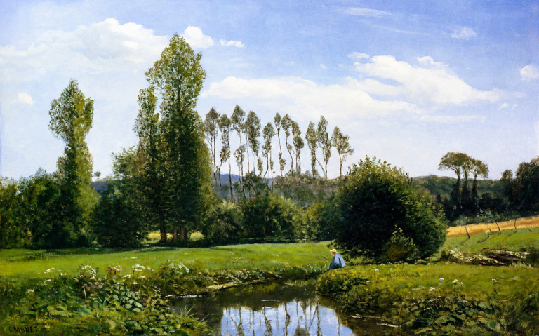 Vibrant color edit of Claude Monet’s “View At Rouelles Le Havre,” showing a peaceful countryside landscape with tall trees, green meadows, a reflective pond, soft blue sky, and a small seated figure near the water’s edge.