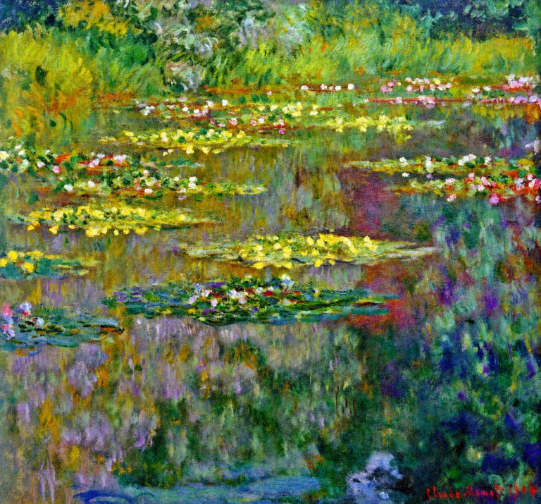 Vibrant color edit of Water Lilies by Claude Monet, showing a shimmering pond filled with water lilies, green lily pads, pink and white blossoms, and richly reflected blues, purples, yellows, and greens.