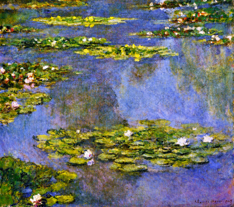 Vibrant color edit of Claude Monet’s “Water Lilies,” showing lily pads and pale blossoms floating across a blue-purple reflective pond.