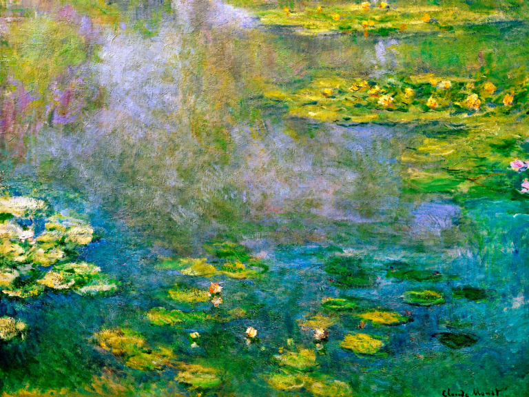 Vibrant color edit of Claude Monet’s “Water Lilies,” showing a reflective pond filled with green lily pads, soft yellow and white blossoms, and shimmering blue, green, and lavender water.