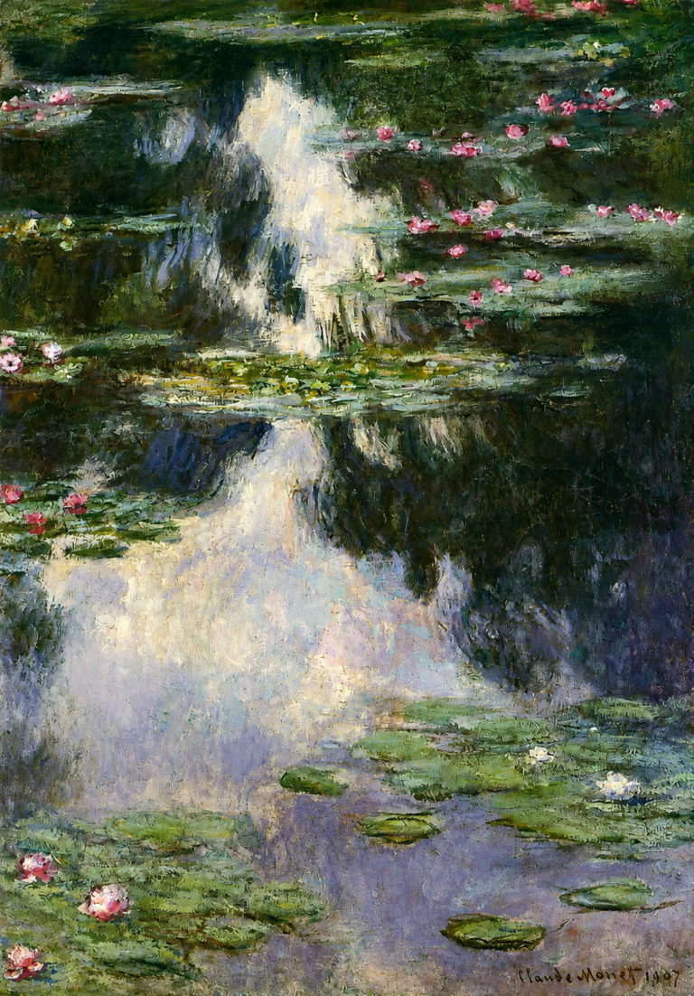 Vibrant color edit of Claude Monet’s “Water Lilies,” showing a reflective pond filled with green lily pads, pink and white blossoms, and shimmering blue, cream, and violet water reflections.