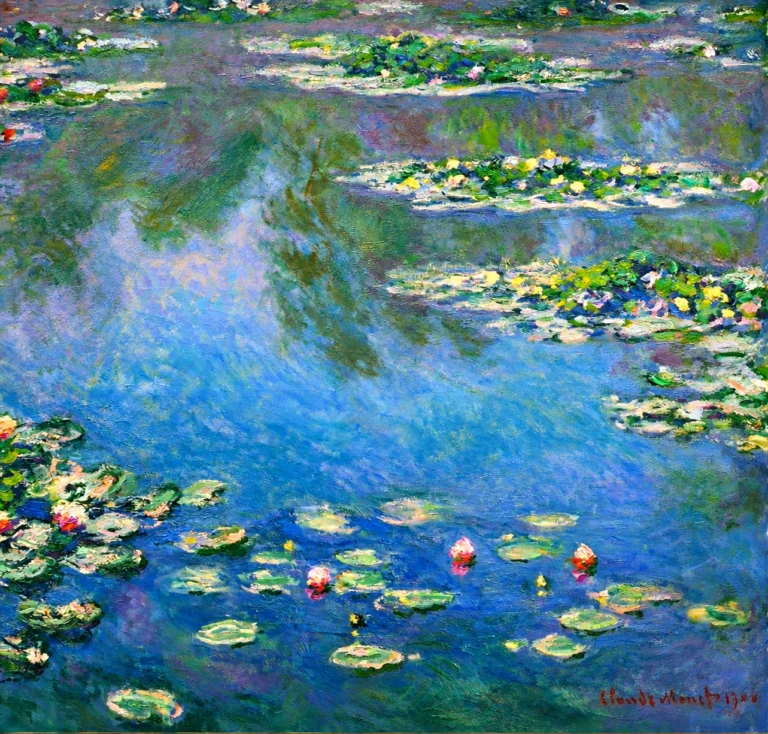 Vibrant color edit of Claude Monet’s “Water Lilies,” showing blue and violet water reflections with green lily pads and soft pink blossoms in an Impressionist pond scene.