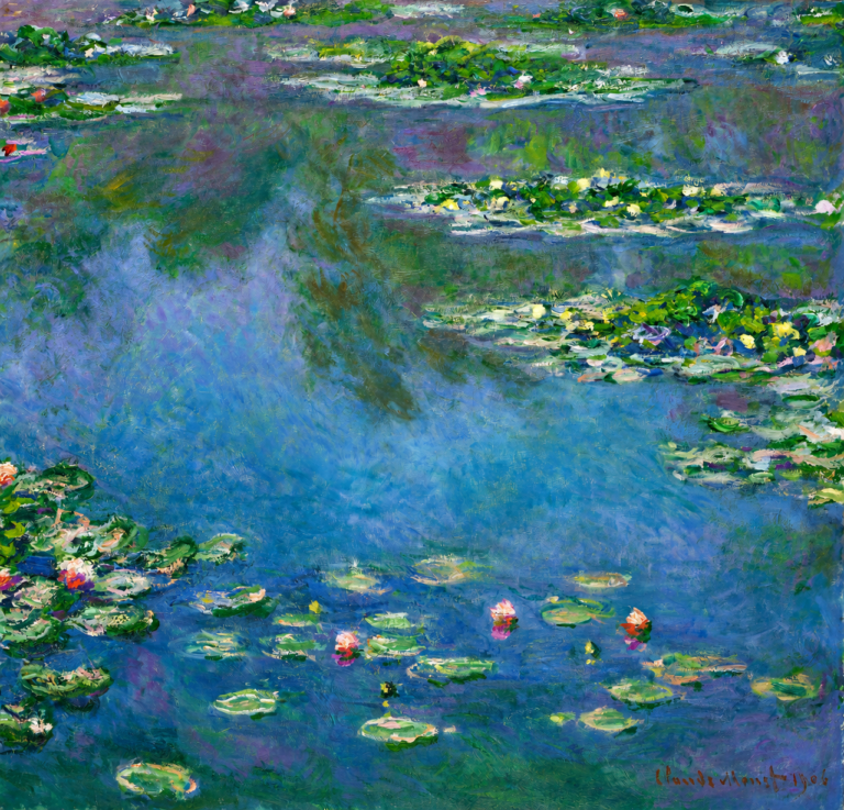 Vibrant color edit of Claude Monet’s “Water Lilies,” showing blue and violet water reflections with green lily pads and soft pink blossoms in an Impressionist pond scene.