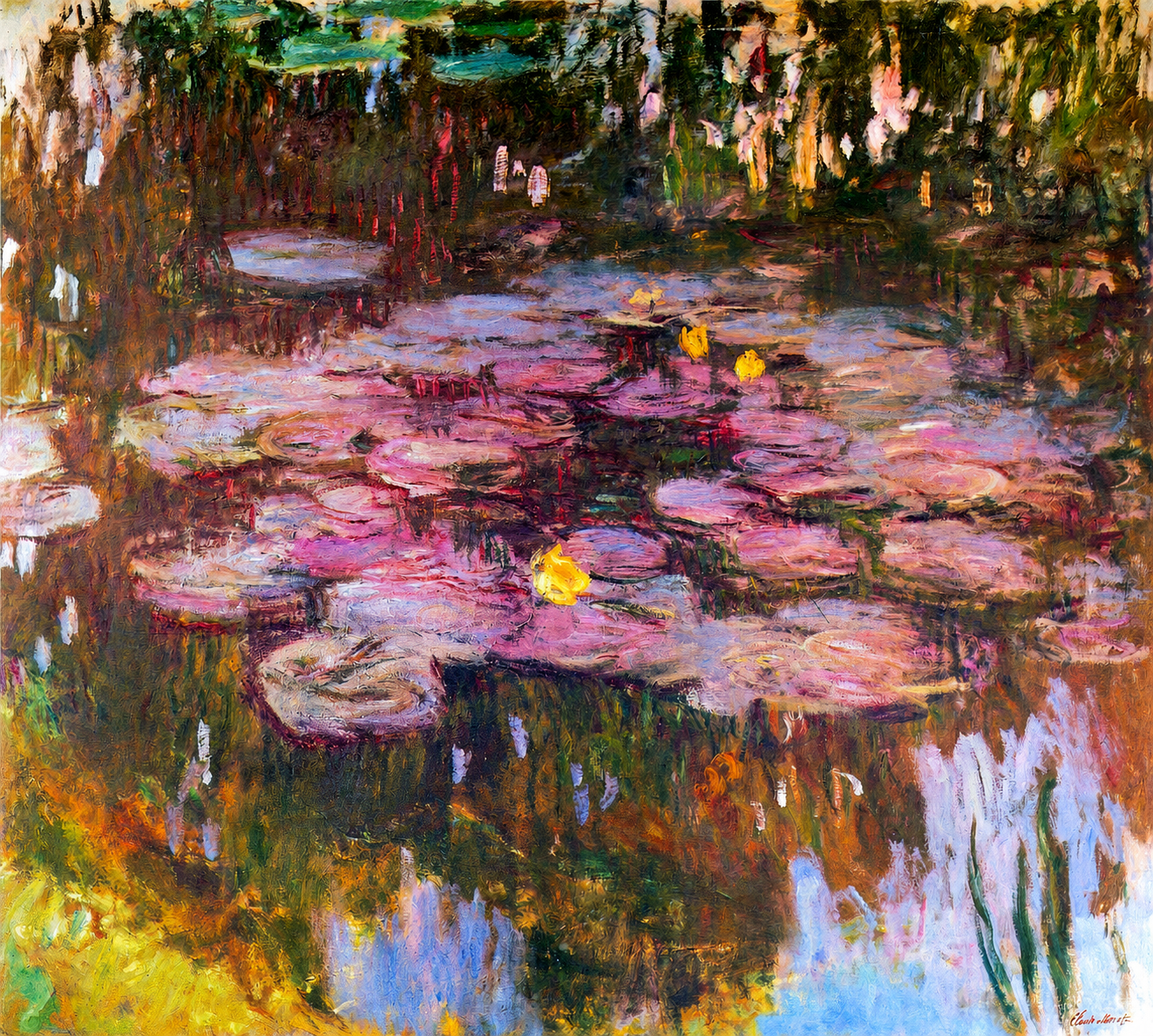 Vibrant color edit of *Water Lilies* by Claude Monet, showing pink and lavender lily pads floating across a reflective pond with yellow blossoms, deep green foliage, and shimmering blue, purple, and golden reflections.