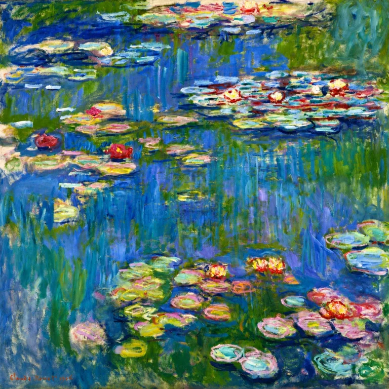 Vibrant color edit of *Water Lilies* by Claude Monet, showing a shimmering pond filled with blue-green reflections, floating lily pads, and bright pink, red, and yellow water lily blossoms.