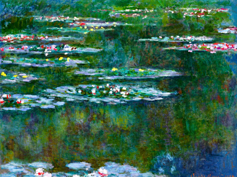 Vibrant color edit of “Water Lilies” by Claude Monet, showing a reflective pond filled with green lily pads, white and pink water lilies, and shimmering blue-green water.