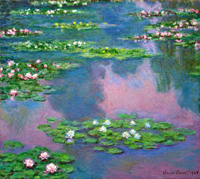 Vibrant color edit of “Water Lilies” by Claude Monet, showing a shimmering pond filled with green lily pads, pink and white water lilies, and soft blue, purple, and rose reflections.