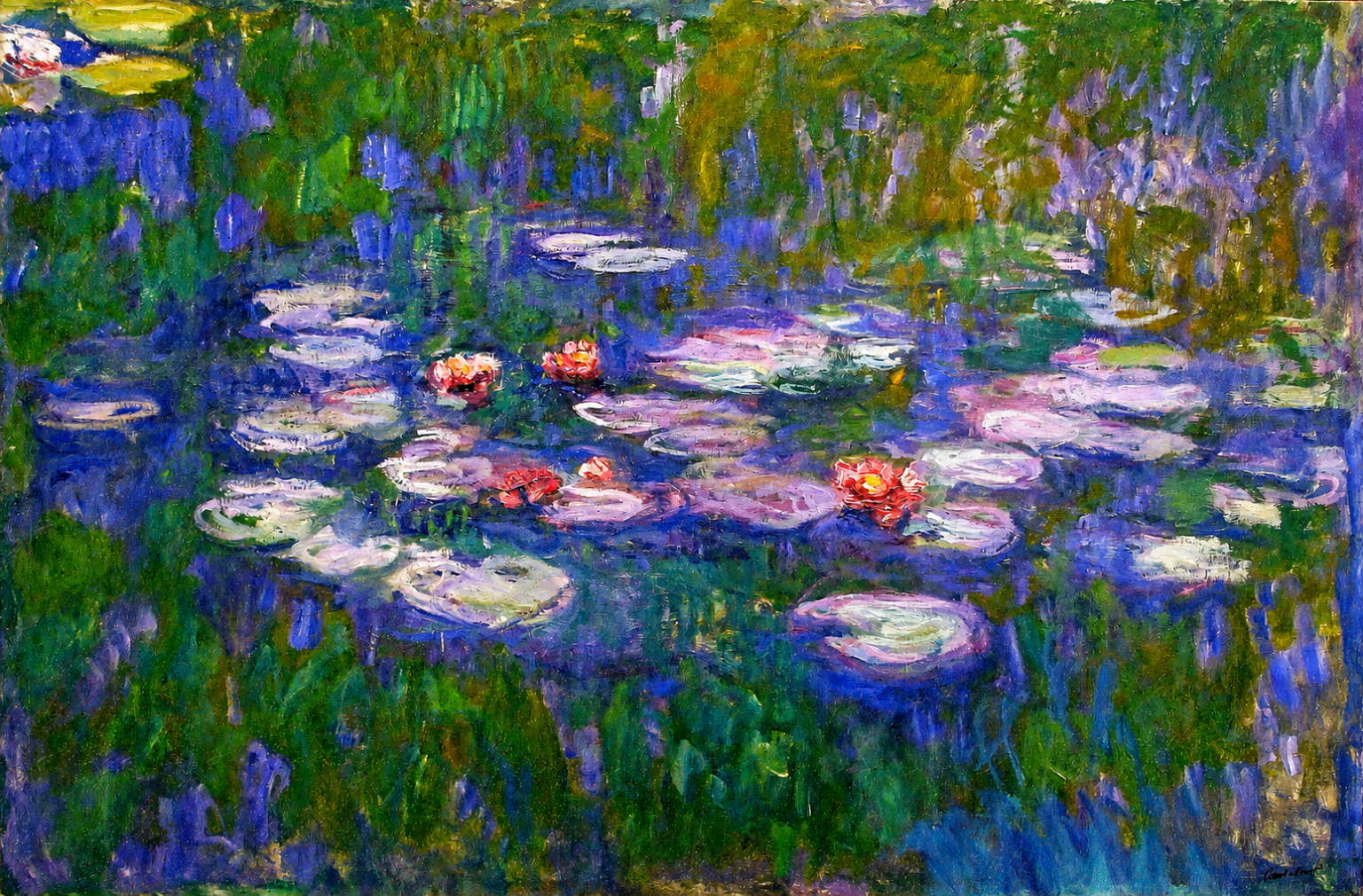 Vibrant color edit of “Water Lilies” by Claude Monet, showing floating lily pads and pink blossoms across a reflective pond with rich greens, blues, purples, and soft impressionist brushwork.