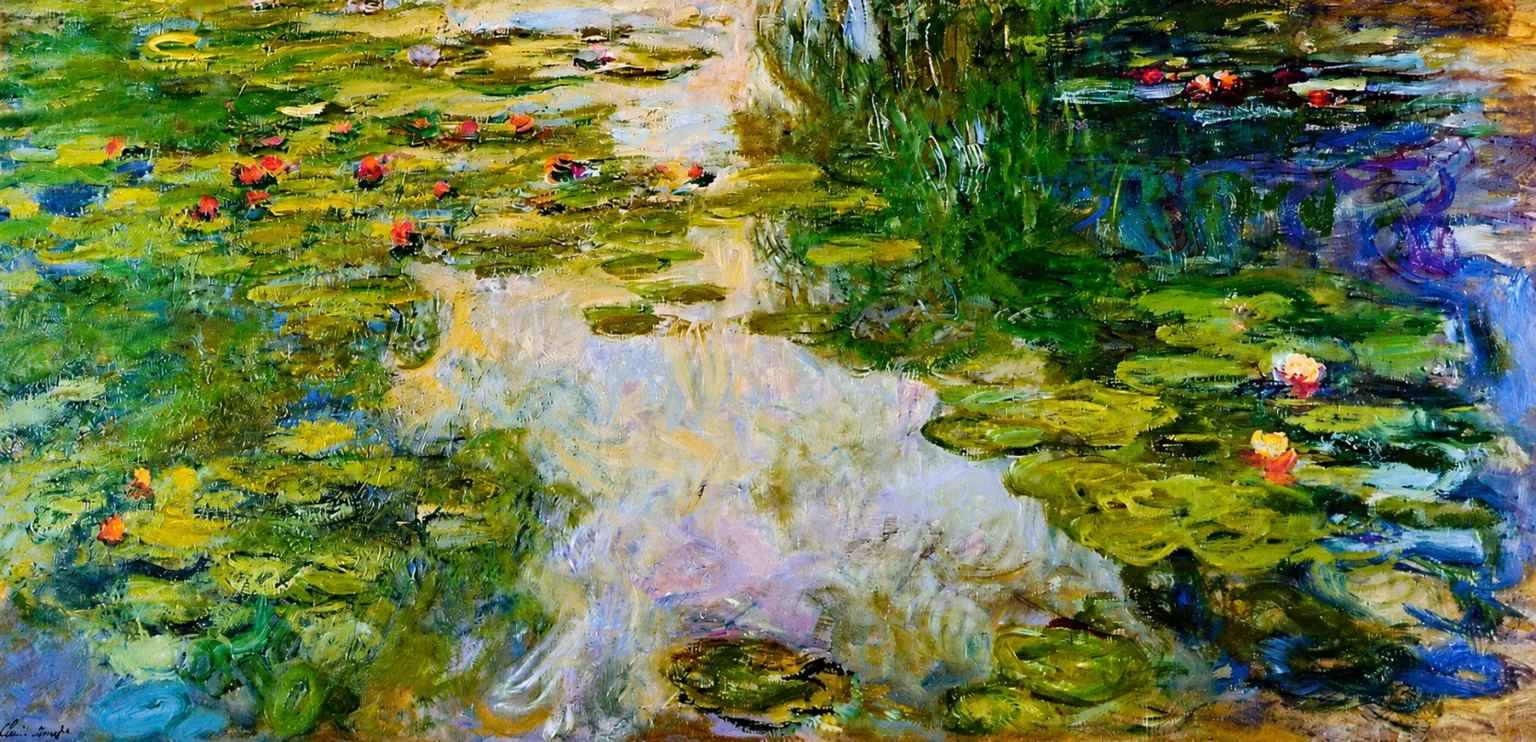Vibrant color edit of Claude Monet’s “Water Lilies,” showing a luminous lily pond filled with green lily pads, pink and red blossoms, and shimmering reflections in blue, yellow, purple, and white.