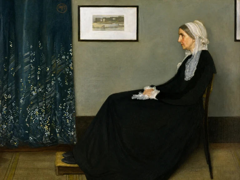 Vibrant color edit of “Whistler’s Mother” by James McNeill Whistler, showing an elderly woman in profile seated in a dark dress beside a patterned curtain in a muted interior.