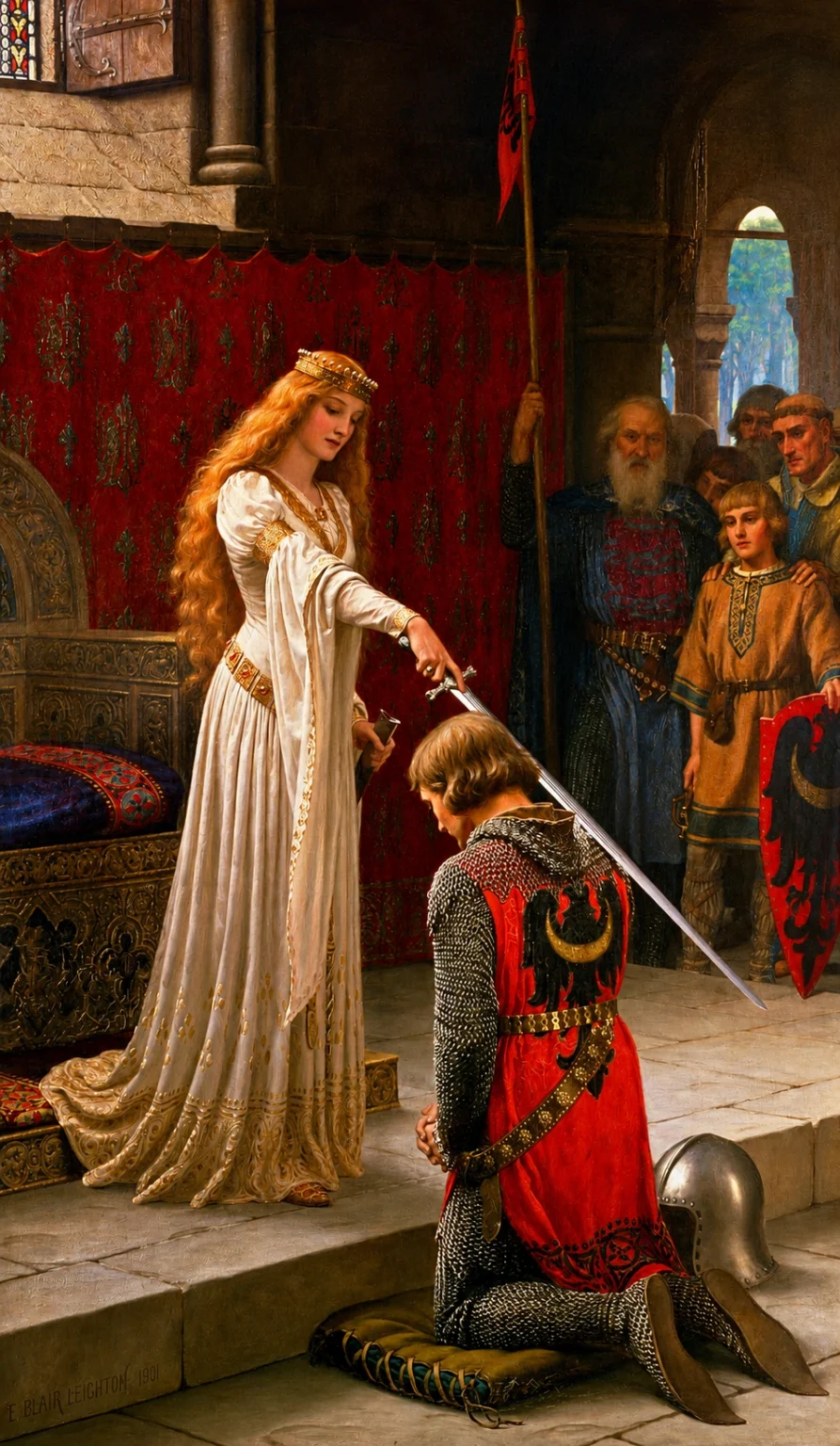 Vibrant color edit of “Accolade” by Edmund Blair Leighton, showing a medieval noblewoman in a white gown knighting a kneeling armored knight before a red tapestry, with onlookers gathered in a stone castle interior.