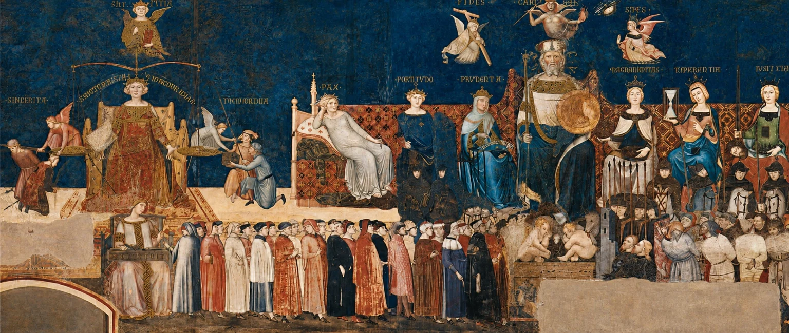 Vibrant color edit of Allegory of Good Government by Ambrogio Lorenzetti, depicting personified virtues, civic leaders, judges, soldiers, and citizens within an elaborate medieval fresco composition.