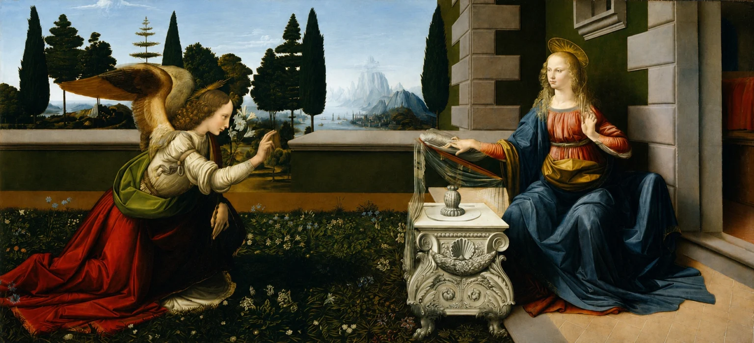 Vibrant color edit of Annunciation by Leonardo da Vinci, depicting the angel Gabriel kneeling before the Virgin Mary in a detailed Renaissance garden setting.