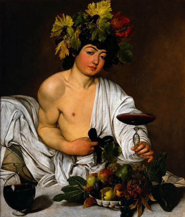 Vibrant color edit of “Bacchus” by Caravaggio, showing the youthful mythological figure crowned with grape leaves and fruit, holding a glass of red wine beside a richly detailed still life of grapes, apples, leaves, and white drapery.