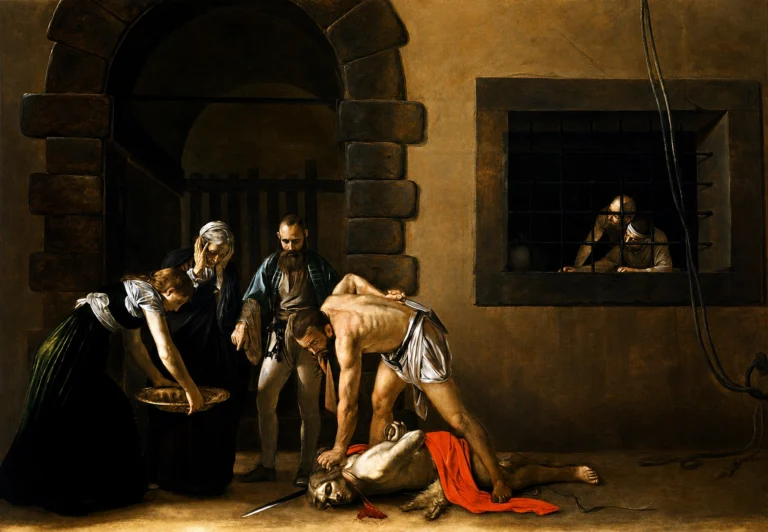 Vibrant color edit of “Beheading of Saint John the Baptist” by Caravaggio, showing a dramatic Baroque prison scene with intensified warm lighting, sharper details, and richer tones while preserving the original composition.