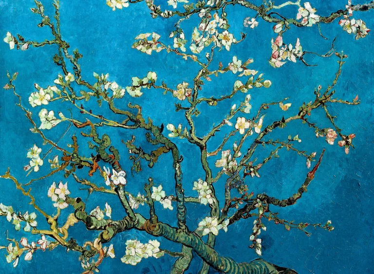Vibrant color edit of “Branches with Almond Blossom” by Vincent van Gogh, showing flowering almond branches with pale blossoms and pink buds against a rich turquoise-blue background.