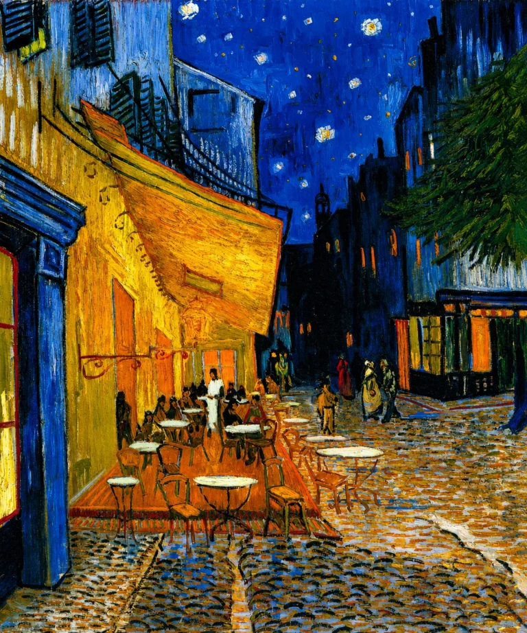 Vibrant color edit of “Café Terrace at Night” by Vincent van Gogh, showing a glowing yellow café terrace beneath a deep blue starry sky, with tables, chairs, figures, and cobblestones rendered in sharper, richer colors.