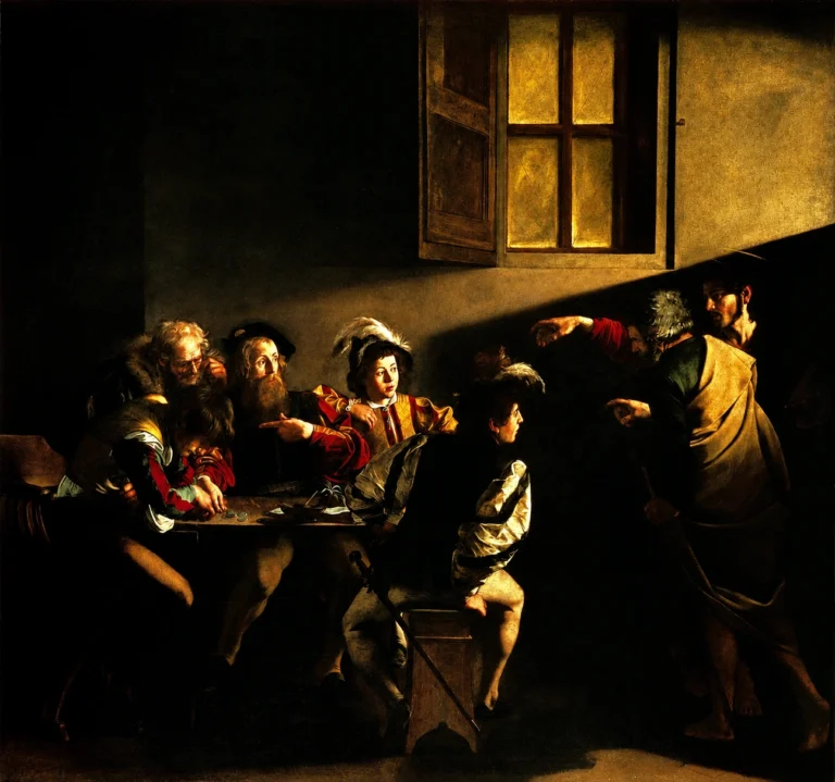 Vibrant color edit of Calling of Saint Matthew by Caravaggio, showing a dramatic dimly lit interior where Christ points toward Matthew among a group of men seated around a table beneath a glowing window.