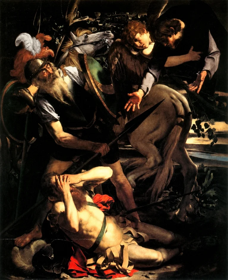 Vibrant color edit of “Conversion of Saint Paul” by Caravaggio, showing a dramatic Baroque scene with a fallen man, a rearing horse, soldiers, and intense chiaroscuro lighting.