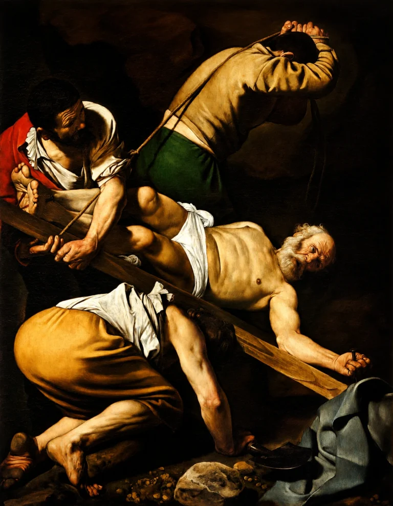 Vibrant color edit of Crucifixion of Saint Peter by Caravaggio, showing Saint Peter being raised on a wooden cross by three laboring figures in a dramatic Baroque scene with deep shadows, warm lighting, and sharpened details.