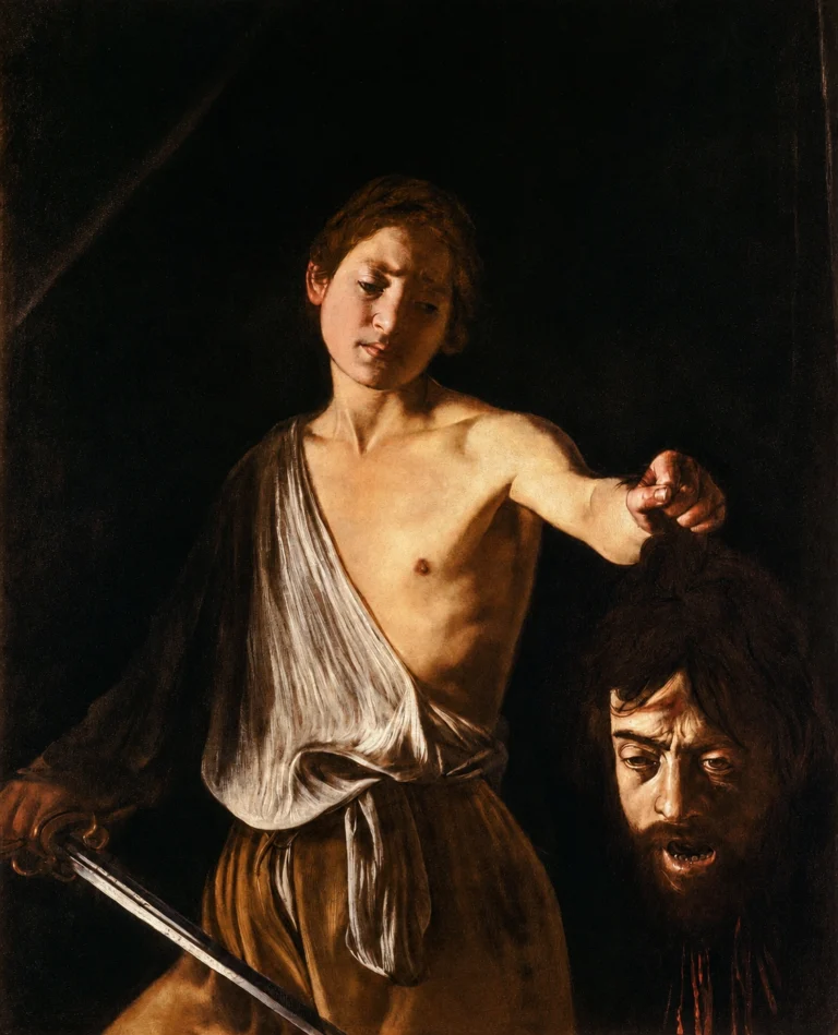 Vibrant color edit of David with the Head of Goliath by Caravaggio, showing the young David holding a sword and the head of Goliath in dramatic Baroque chiaroscuro, with richer warm tones, sharper details, and a dark background.