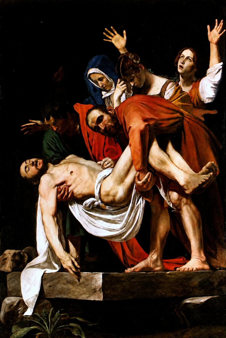Vibrant color edit of “Entombment of Christ” by Caravaggio, showing Christ’s body being carried to the tomb by mourning figures in dramatic chiaroscuro, with richer reds, blues, and flesh tones while preserving the original Baroque composition.