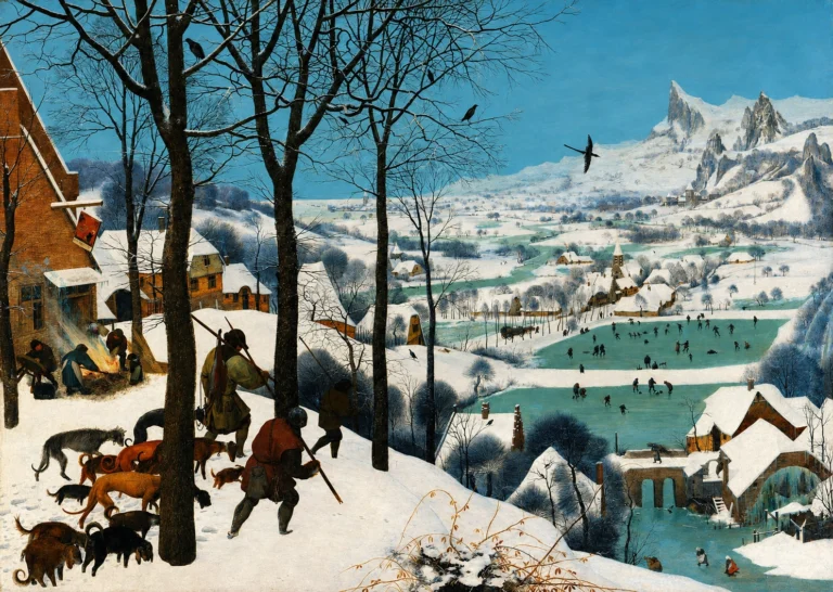 Vibrant color edit of “Hunters in the Snow” by Pieter Bruegel the Elder, depicting hunters and their dogs overlooking a snow-covered village, frozen ponds, and distant mountains.