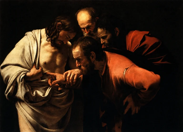 Vibrant color edit of Incredulity of Saint Thomas by Caravaggio, showing Christ and three disciples gathered in dramatic chiaroscuro as Saint Thomas examines Christ’s side.