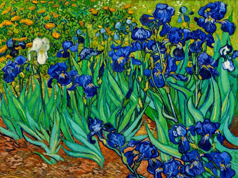 Vibrant color edit of “Irises” by Vincent van Gogh, showing vivid blue and violet irises with green leaves, warm earth tones, and yellow flowers in the background.