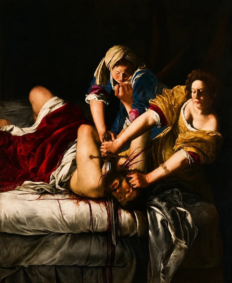 Vibrant color edit of “Judith Beheading Holofernes” by Artemisia Gentileschi, showing Judith and her maidservant in a dramatic Baroque scene with intensified reds, blues, golds, and sharp chiaroscuro lighting.