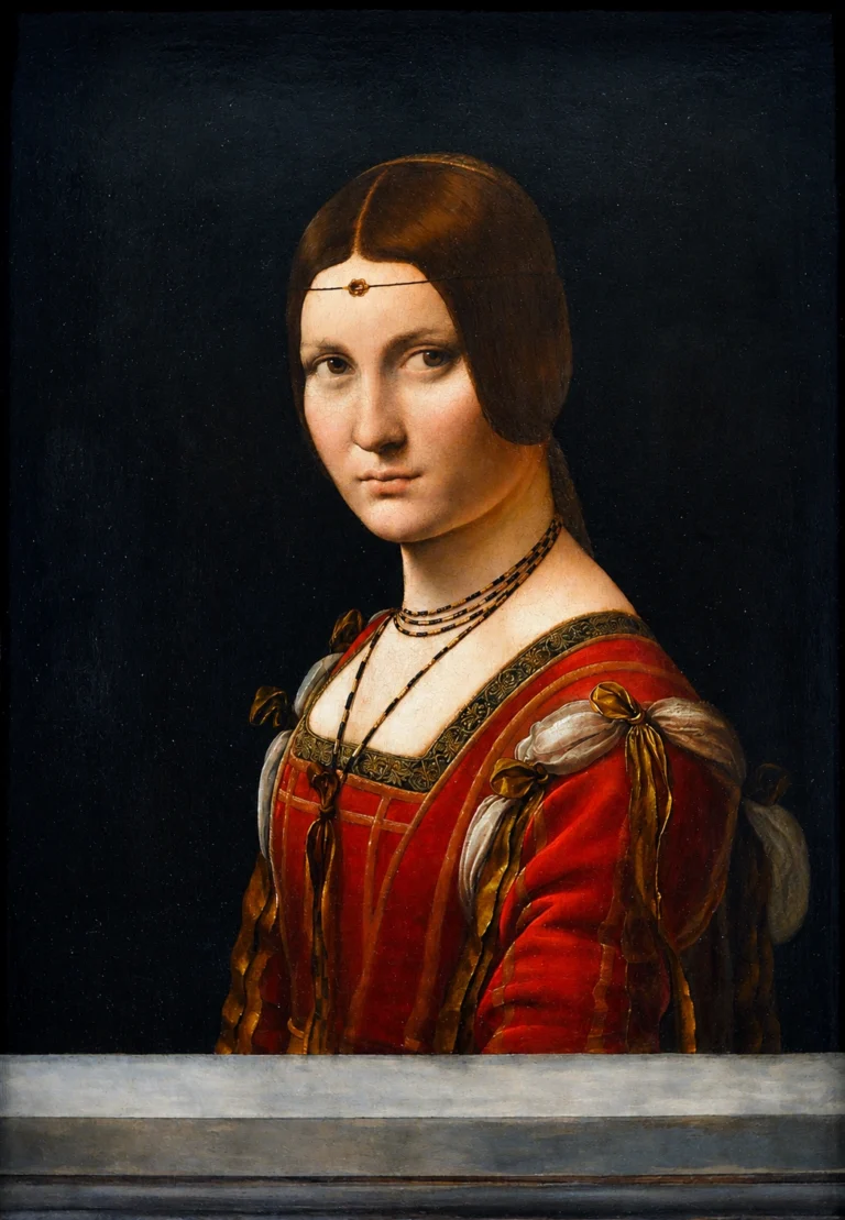 Vibrant color edit of “La Belle Ferronnière” by Leonardo da Vinci, featuring a Renaissance woman in a richly enhanced red gown against a dark background.