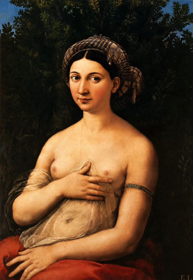Vibrant color edit of La Fornarina by Raphael, showing a seated young woman with a patterned head covering, translucent drapery, rich red fabric, and a dark leafy background.