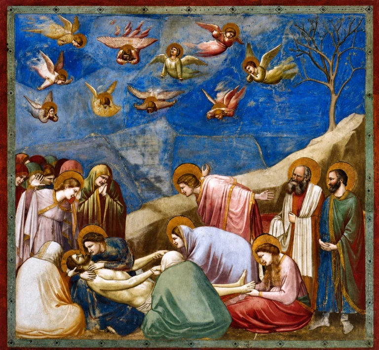 Vibrant color edit of “Lamentation of Christ” by Giotto, depicting mourners gathered around Christ beneath grieving angels in a vivid blue sky.