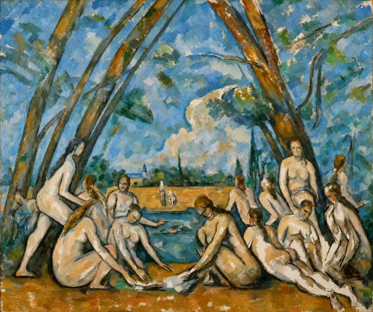 Vibrant color edit of “Large Bathers” by Paul Cézanne, showing a group of nude bathers gathered by water beneath tall arching trees in a sunlit landscape.