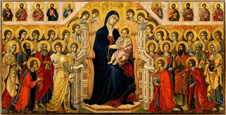 Vibrant color edit of “Maestà (Madonna with Angels and Saints)” by Duccio, depicting the enthroned Virgin and Child surrounded by angels and saints against a luminous gold background.