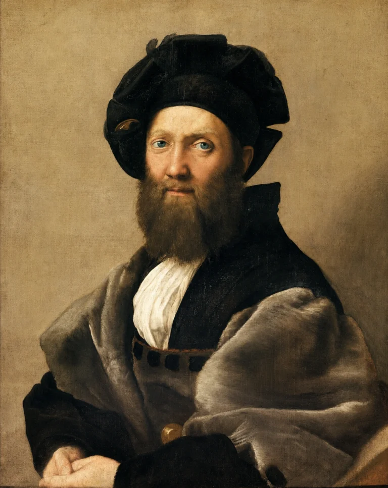 Vibrant color edit of “Portrait of Baldassare Castiglione” by Raphael, featuring the Renaissance courtier in a black hat and fur-trimmed clothing against a warm beige background.
