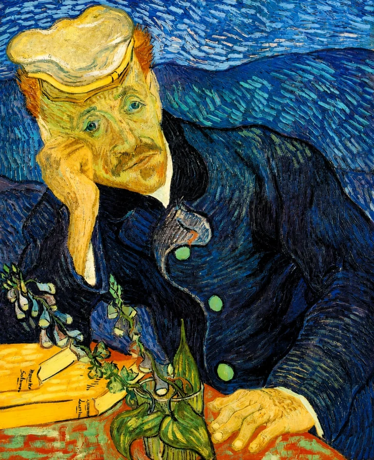 Vibrant color edit of Portrait of Doctor Gachet by Vincent van Gogh, showing Doctor Gachet resting his head on one hand beside books and flowers, with intensified blues, yellows, greens, and oranges while preserving the original composition.