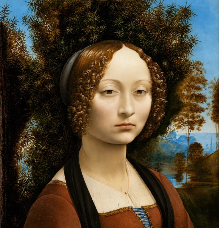 Vibrant color edit of “Portrait of Ginevra Benci” by Leonardo da Vinci, featuring the young woman’s pale face, tightly curled hair, reddish-brown gown, dark juniper foliage, and luminous blue landscape.