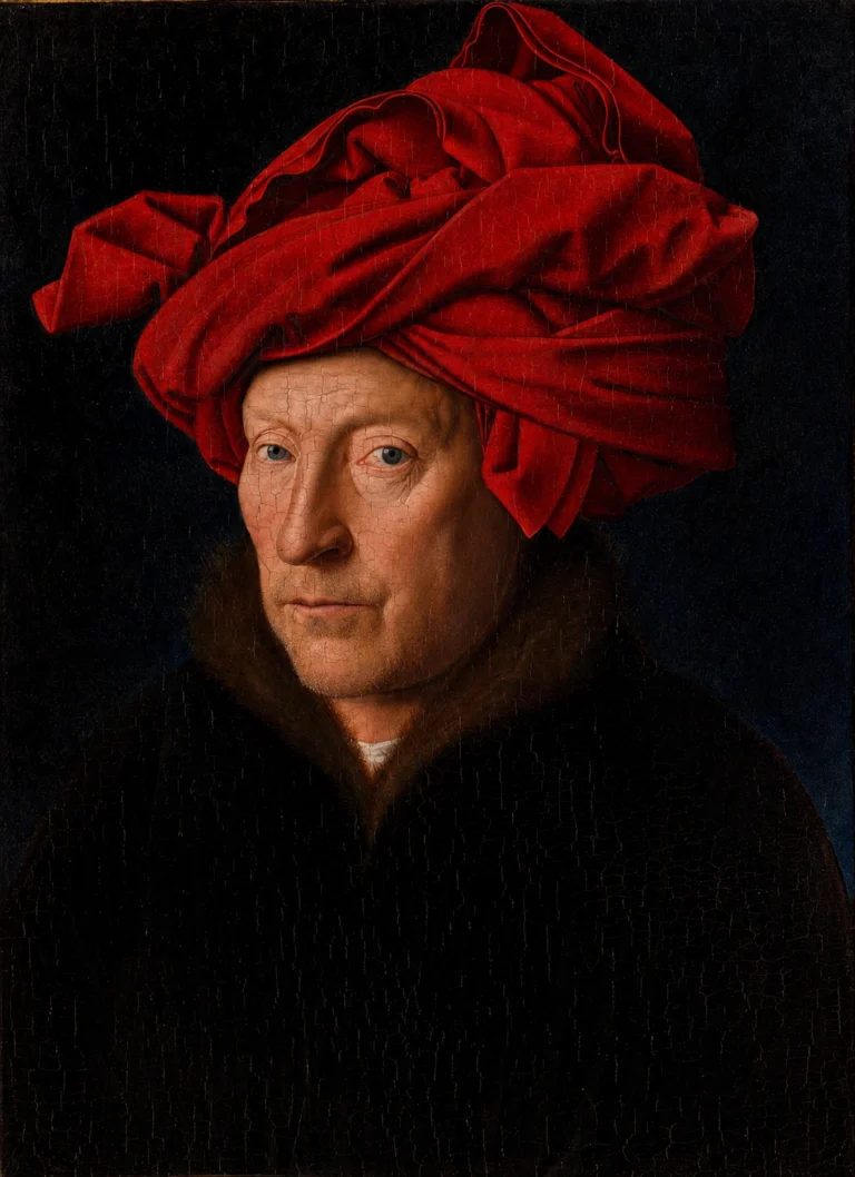 Vibrant color edit of “Portrait of a Man in a Red Turban” by Jan van Eyck, featuring a sharply detailed man wearing a richly colored red headwrap against a dark background.