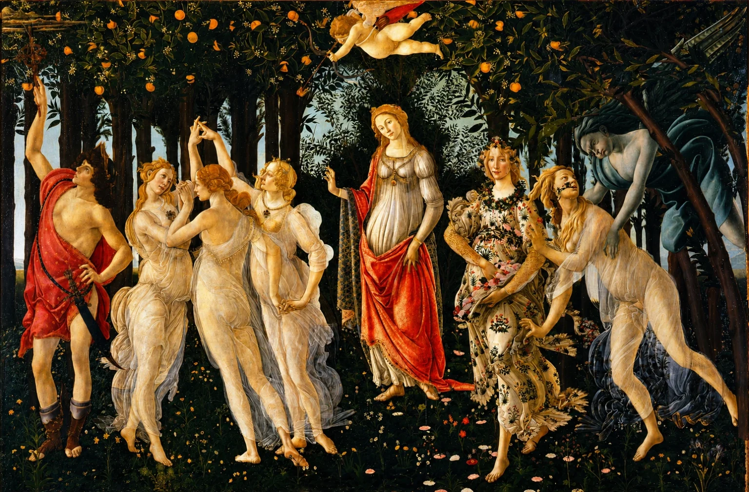 Vibrant color edit of Primavera by Sandro Botticelli, showing mythological figures in a lush orange grove with richer colors, sharper details, and the same original Renaissance composition.