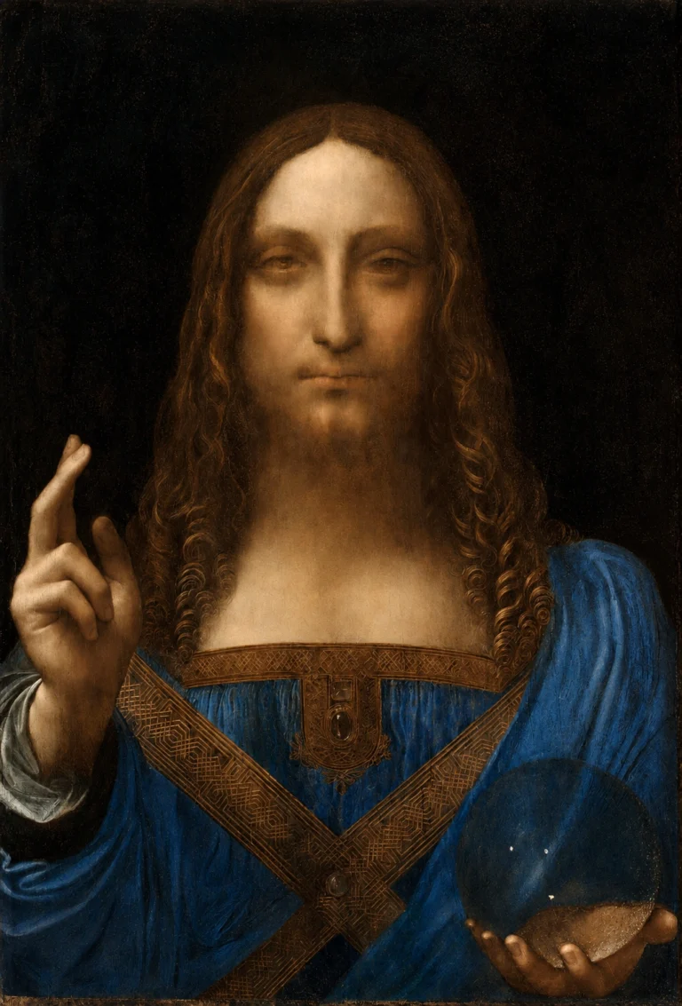 Vibrant color edit of “Salvator Mundi” by Leonardo da Vinci, showing Christ in a richly blue robe raising one hand in blessing and holding a crystal orb.
