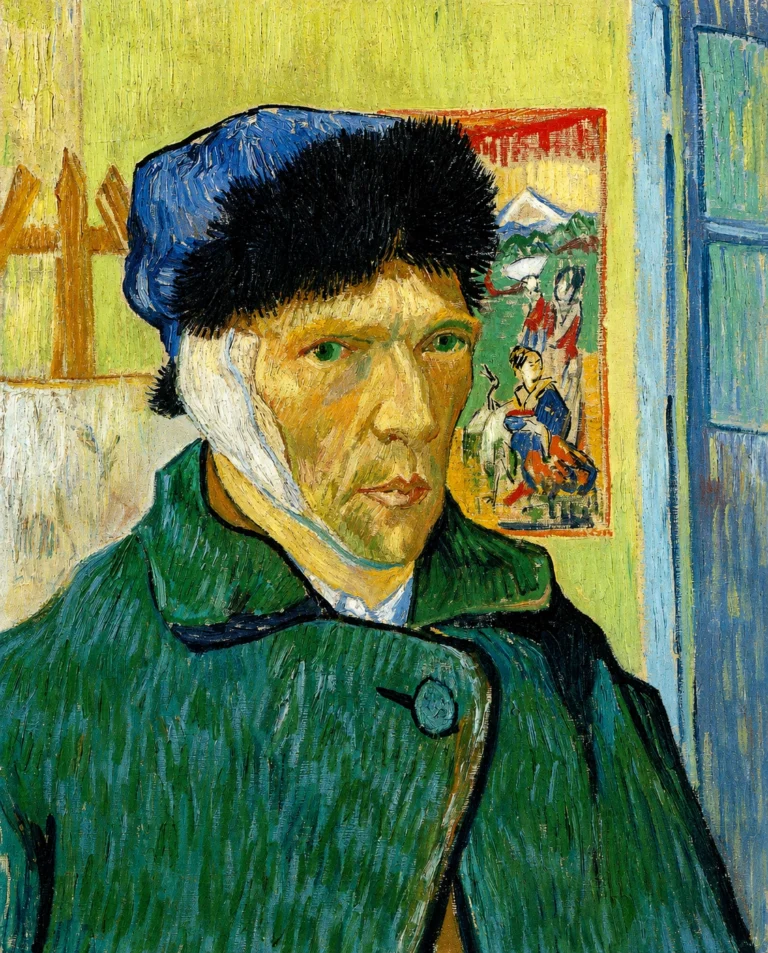 Vibrant color edit of “Self Portrait with Bandaged Ear” by Vincent van Gogh, showing the artist in a green coat and blue fur-trimmed hat, with a white bandage over his ear and a colorful print behind him.