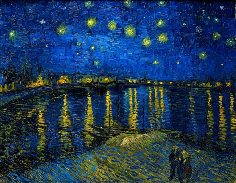 Vibrant color edit of Starry Night Over the Rhône by Vincent van Gogh, showing a luminous blue night sky filled with glowing stars above the Rhône river, with golden reflections shimmering across the water and two small figures walking in the foreground.
