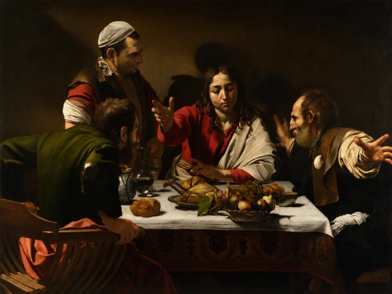 Vibrant color edit of Supper at Emmaus by Caravaggio, showing Christ seated at a table with disciples and a servant in a dramatic chiaroscuro interior, surrounded by bread, fruit, wine, and richly shadowed Baroque details.