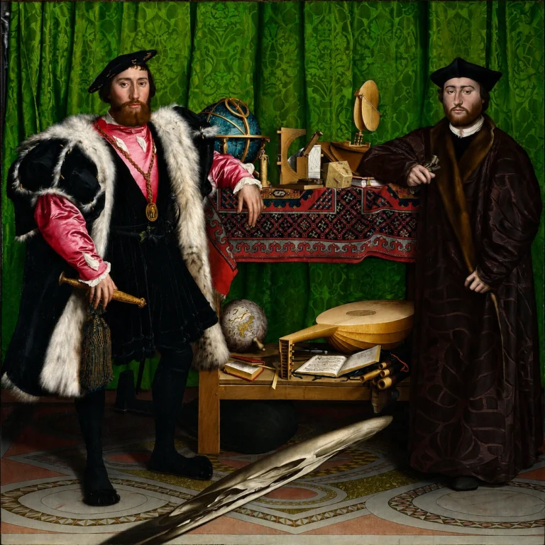 Vibrant color edit of “The Ambassadors” by Hans Holbein the Younger, showing two richly dressed Renaissance men surrounded by scientific instruments, globes, books, a lute, and a patterned floor before a vivid green curtain.