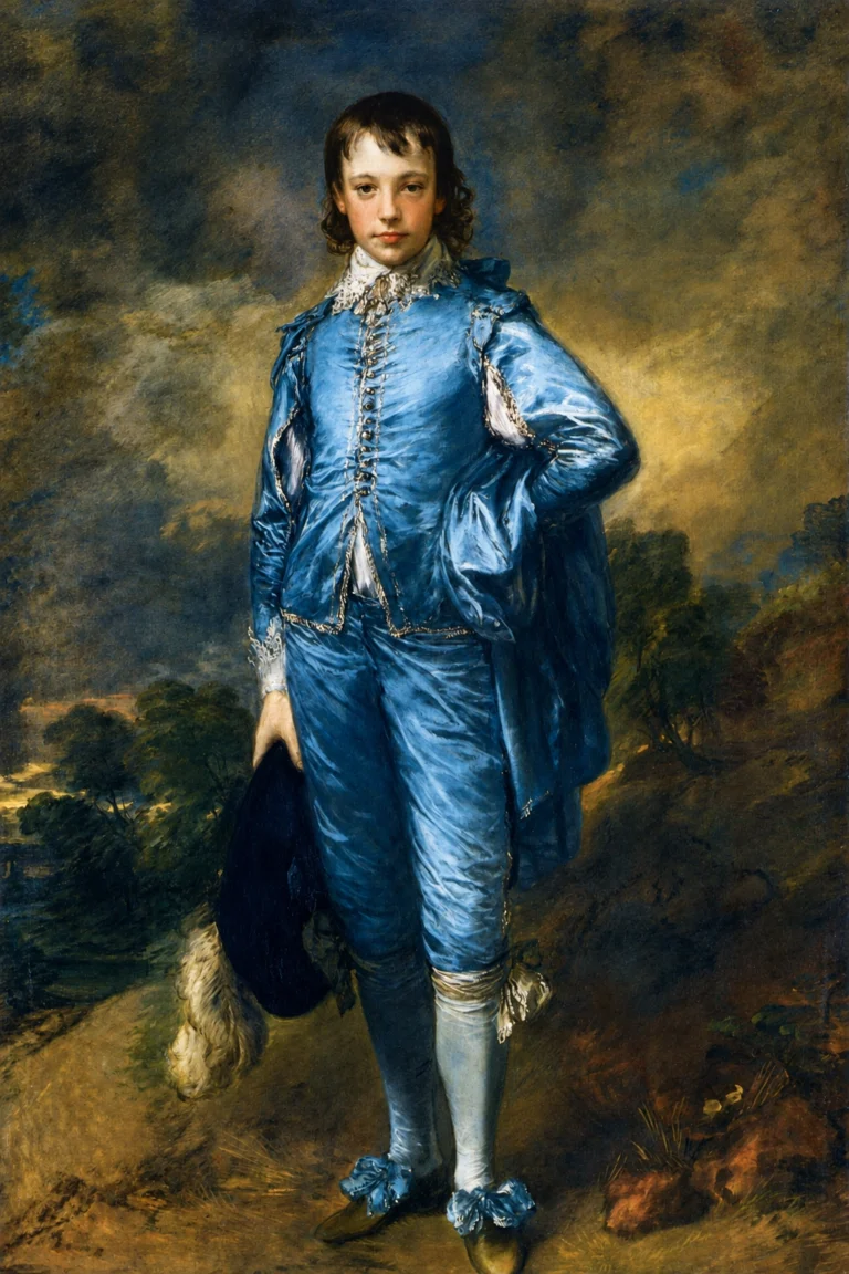 Vibrant color edit of “The Blue Boy” by Thomas Gainsborough, showing a young boy in an elegant blue satin 18th-century outfit standing in a dramatic landscape with a cloudy sky and rich, sharpened details.