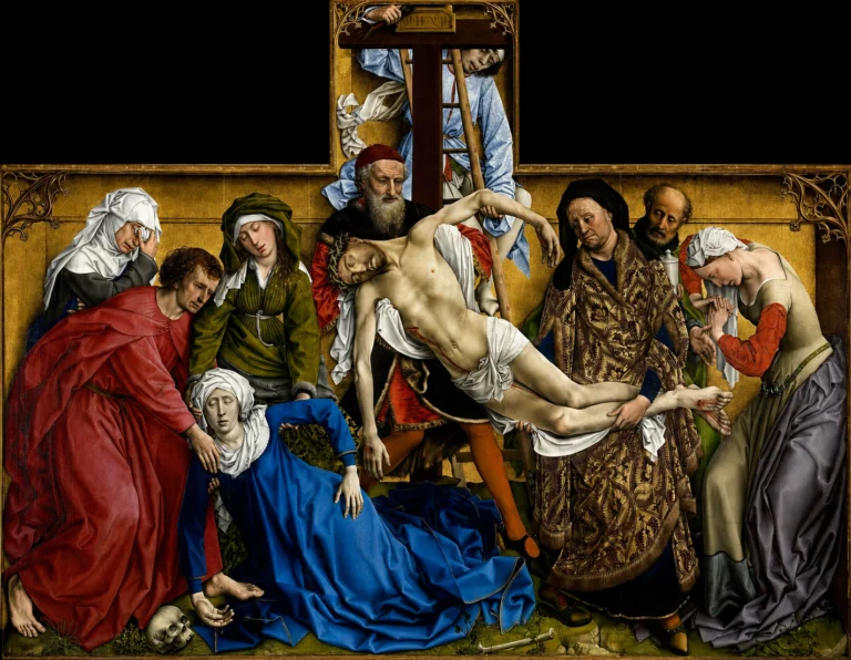 Vibrant color edit of “The Descent from the Cross” by Rogier van der Weyden, showing Christ’s body lowered from the cross as grieving figures gather around him.